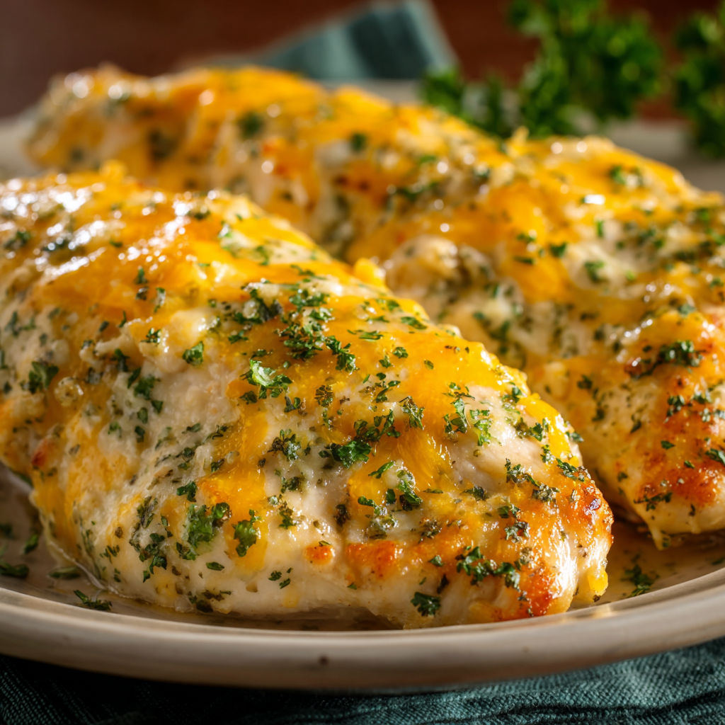 A plate of chicken covered in cheese and herbs, ready to be cooked.