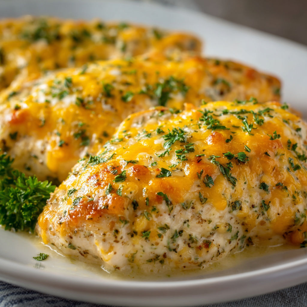 A plate of chicken covered in cheese and herbs, likely a cheesy chicken dish.