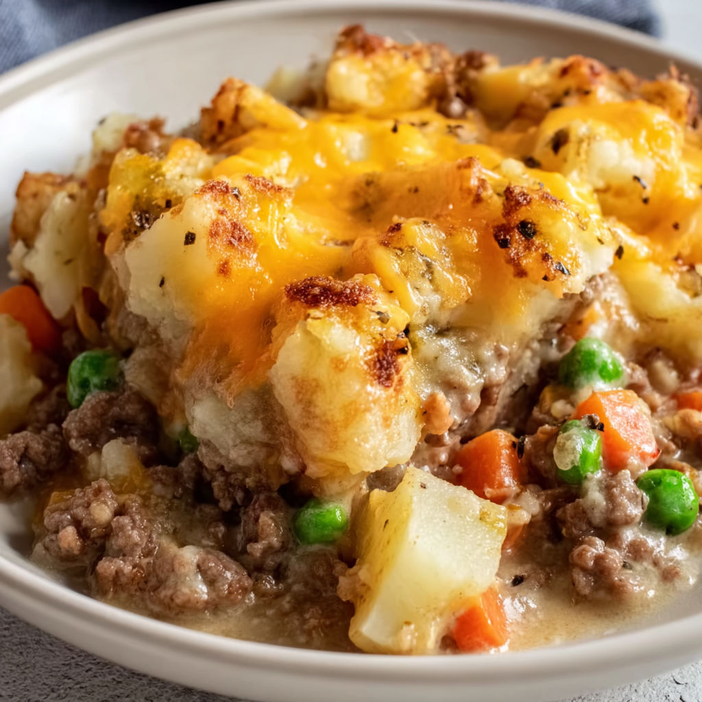 A white bowl filled with a delicious hobo casserole containing ground beef, potatoes, and peas.