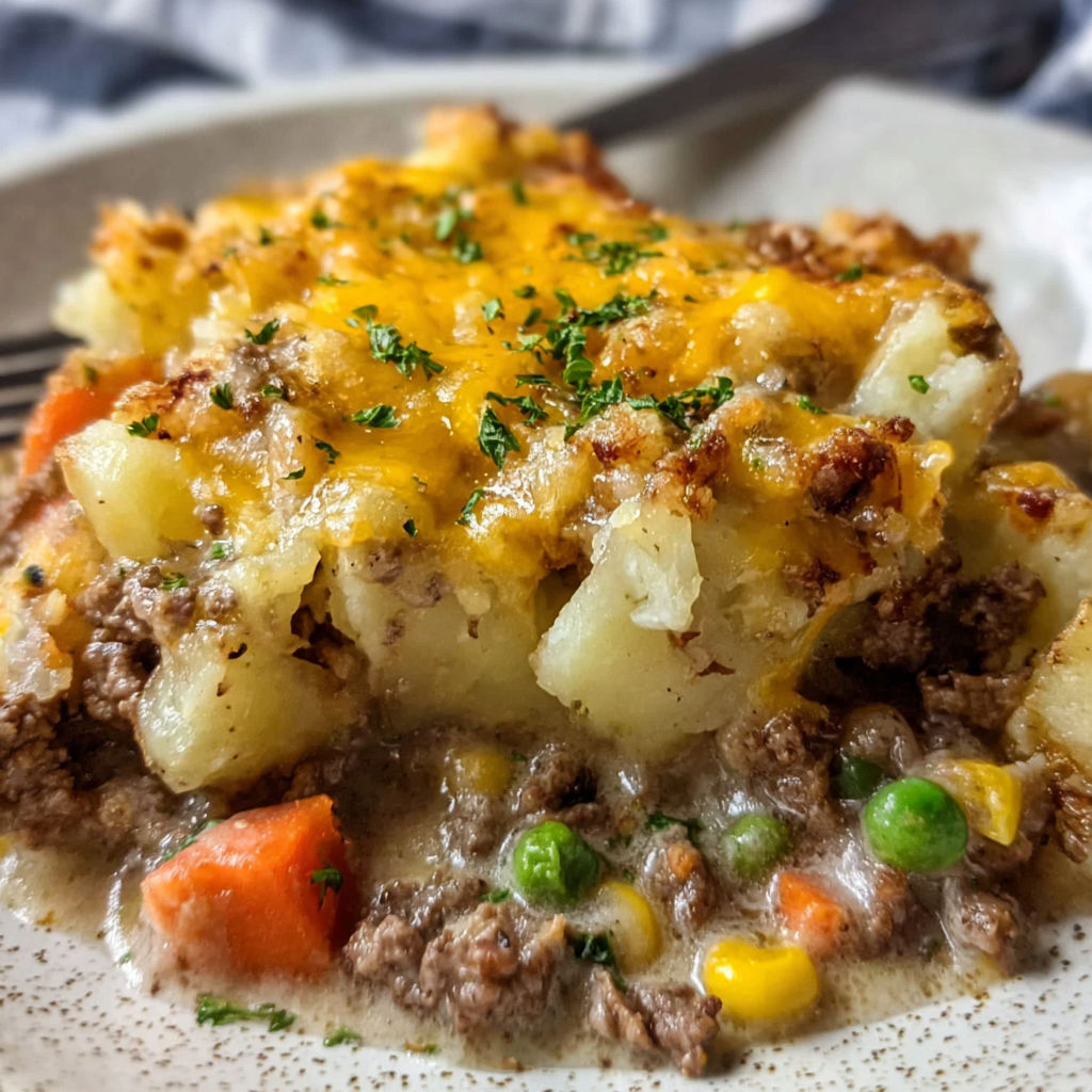 A delicious hobo casserole with ground beef is served on a plate.