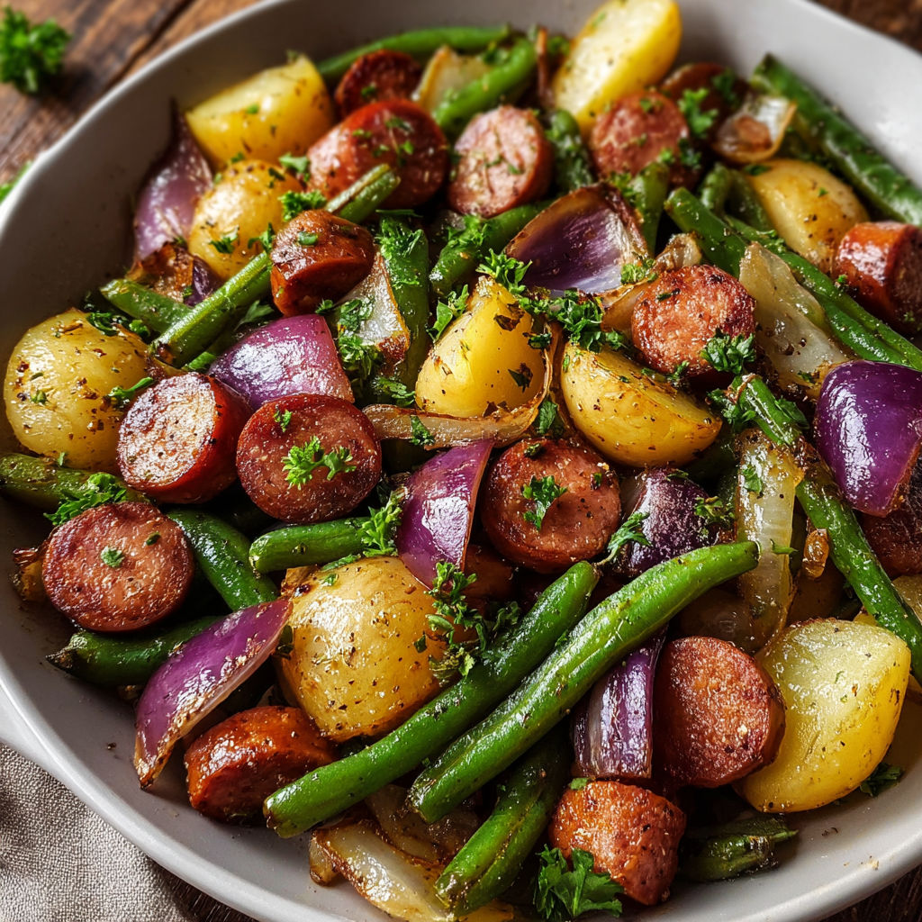 A white bowl filled with a variety of vegetables, including green beans, potatoes, and onions, along with some sausage.