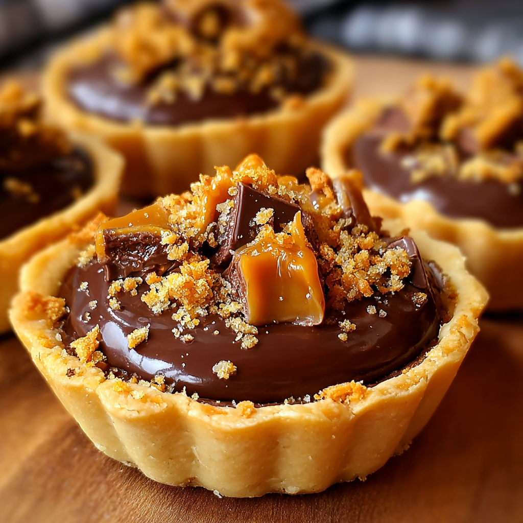 A close up of a Butterfinger Caramel Crunch Mini Pie.