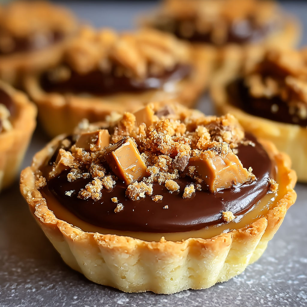 A close up of a Butterfinger Caramel Crunch Mini Pie.