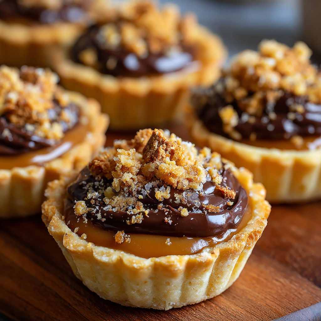 A delicious dessert made with Butterfinger candy and caramel sauce, served in a mini pie crust.