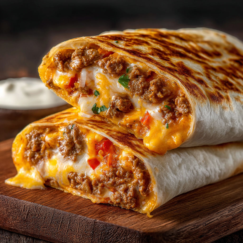 A delicious burrito filled with meat, cheese, and vegetables is served on a wooden cutting board.