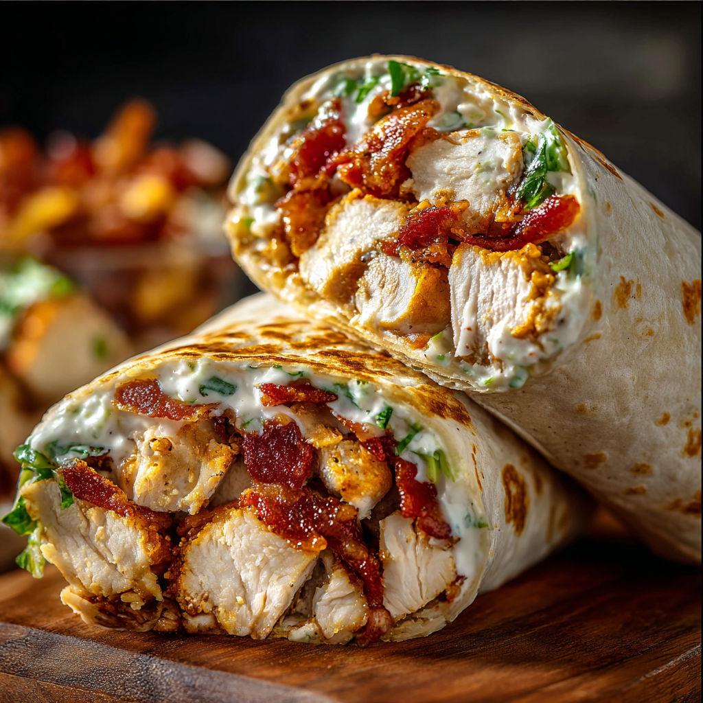 A delicious bacon chicken wrap is displayed on a wooden table.