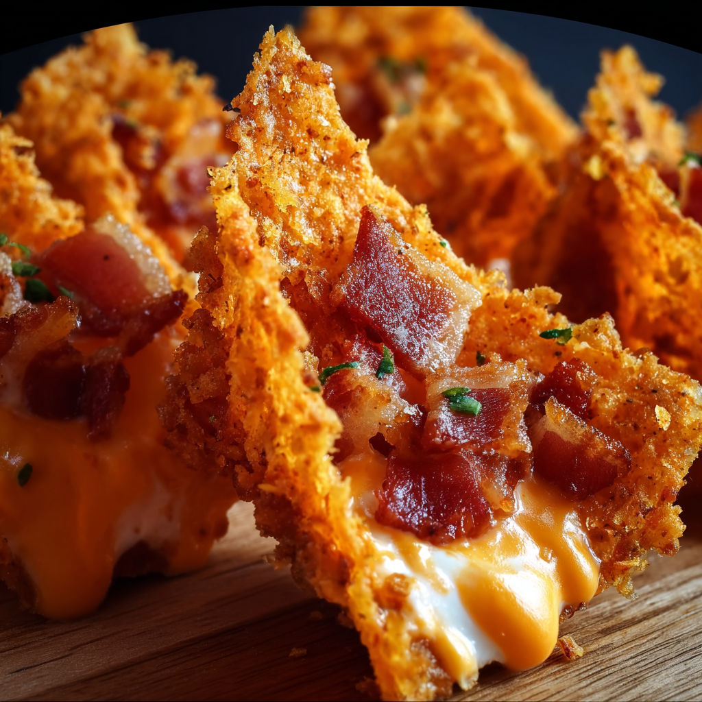 A close-up of a delicious bacon and cheese stuffed Doritos snack.