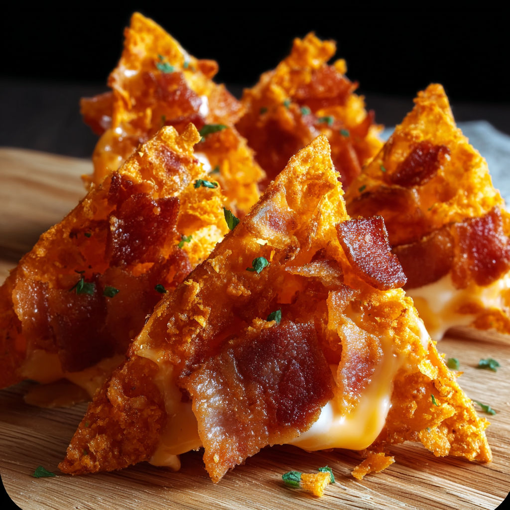 Bacon and cheese triangles on a wooden cutting board.