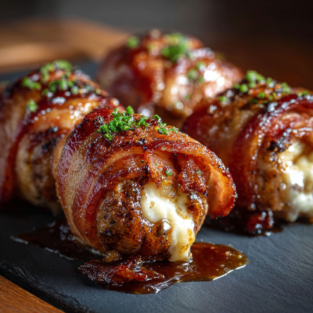 A delicious bacon wrapped appetizer with cheese and sauce, served on a black plate.
