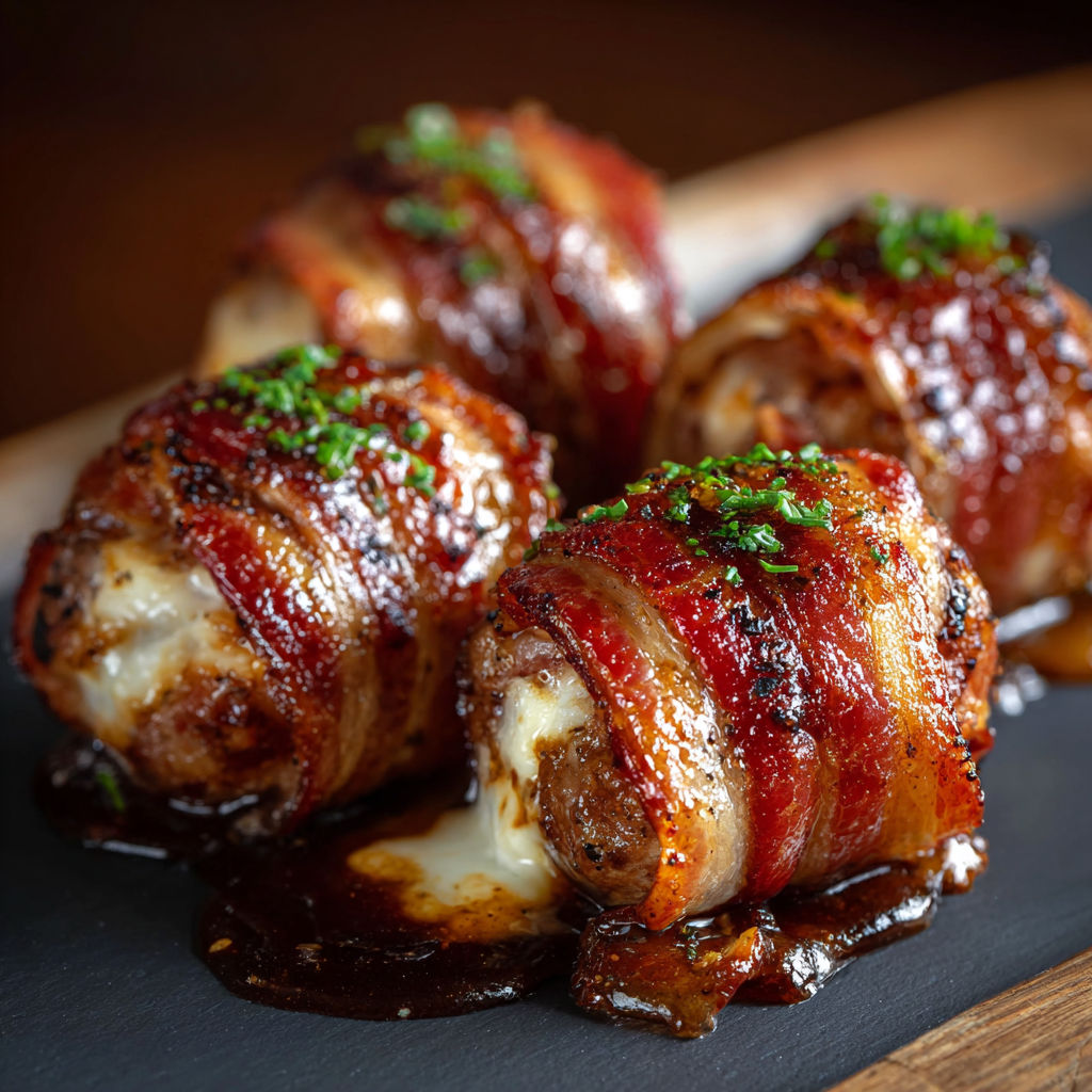 A plate of bacon wrapped meat with cheese and herbs, ready to be cooked.