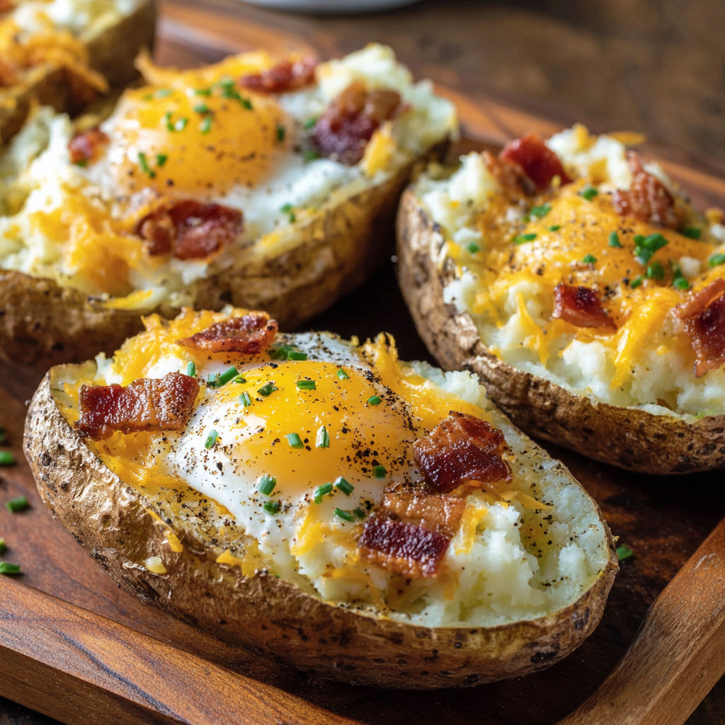 A delicious breakfast dish made with bacon, eggs, and potatoes.