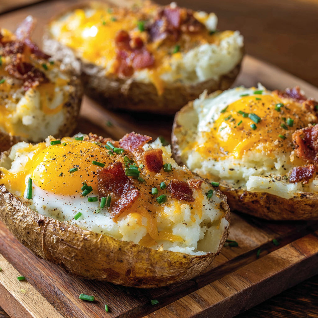 A delicious breakfast dish made with potatoes, eggs, and bacon, served on a wooden platter.