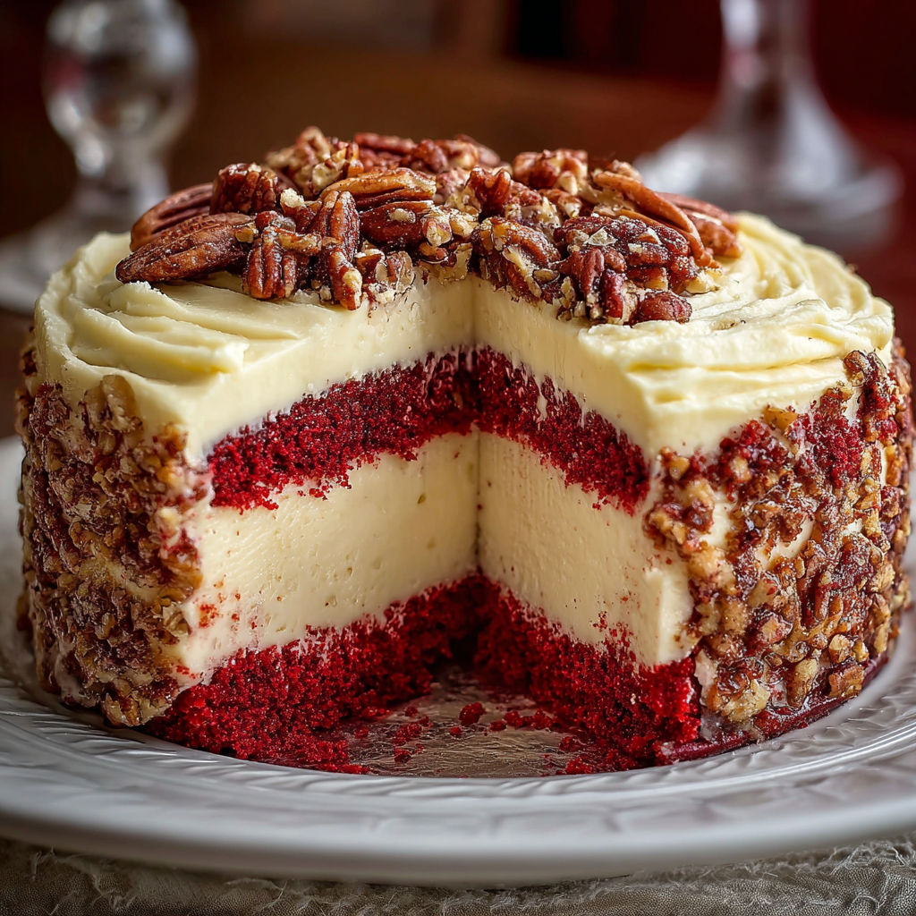 A slice of red velvet cake with white frosting and nuts on top.