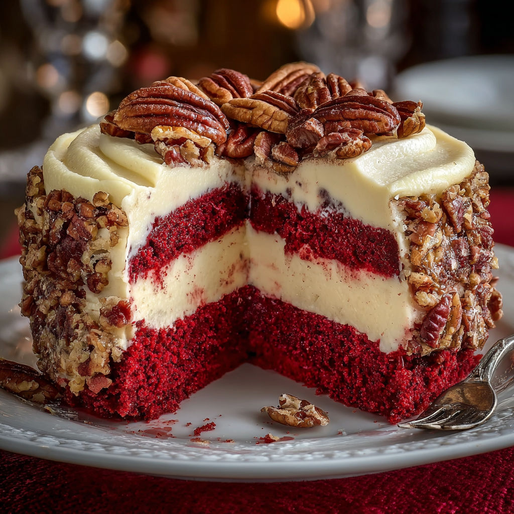 A slice of red velvet cake with a nut topping.
