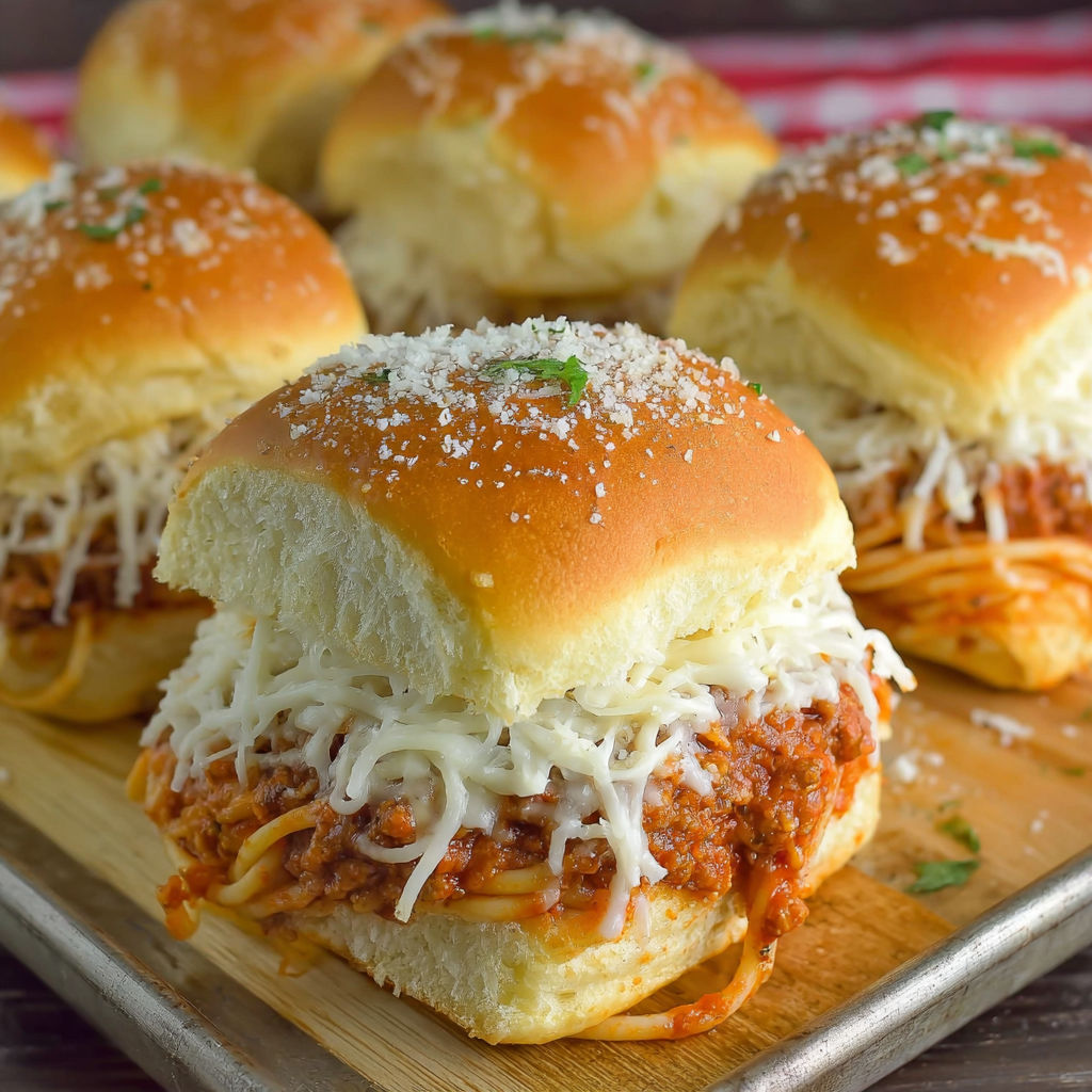A plate of spaghetti sliders with cheese on top.
