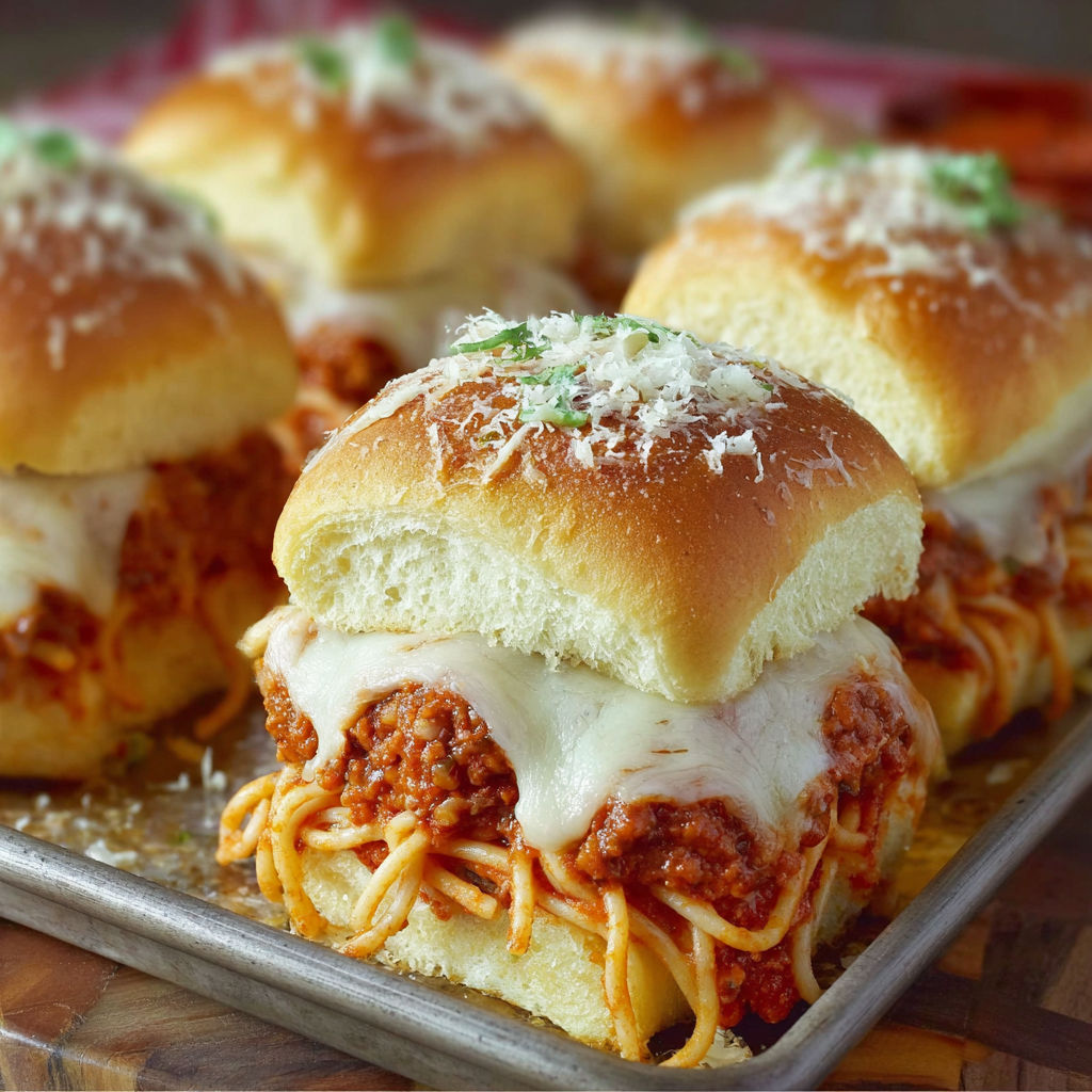 A tray of spaghetti sliders with cheese and meat on top.