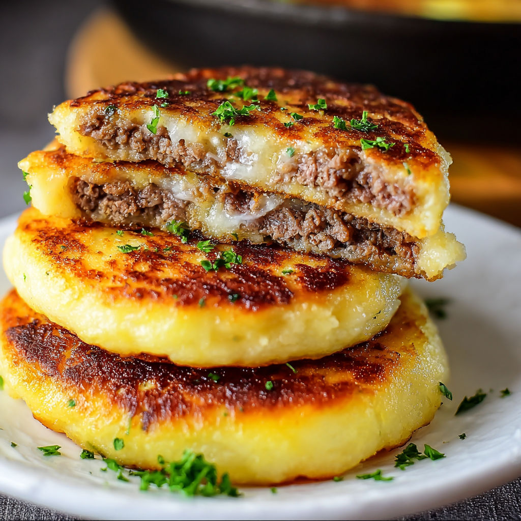 A stack of three mashed potato pancakes with meat filling on a white plate.