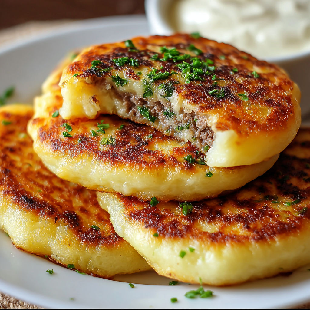 A plate of delicious looking pancakes with a side of sour cream.