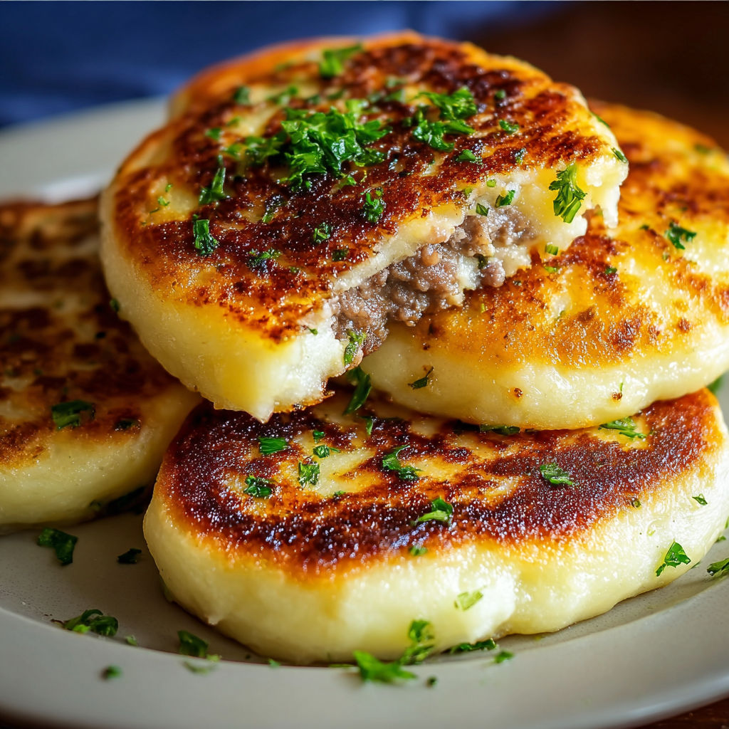 A plate of meat and potato pancakes with green toppings.