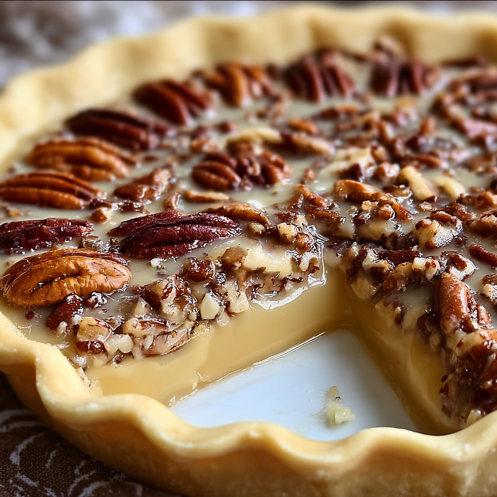 A slice of pecan pie with a drizzle of caramel sauce on top.