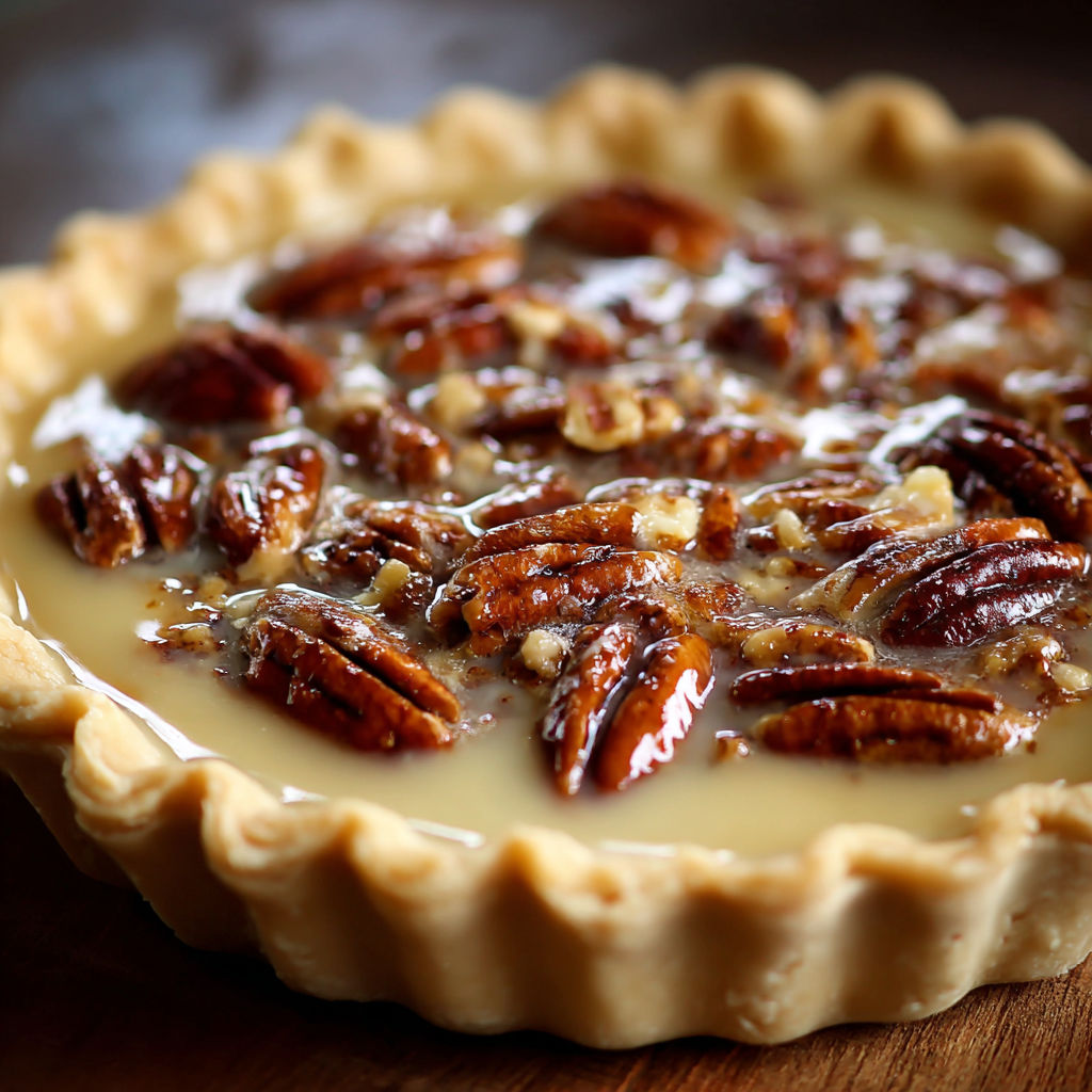 A slice of pecan pie with a drizzle of condensed milk on top.