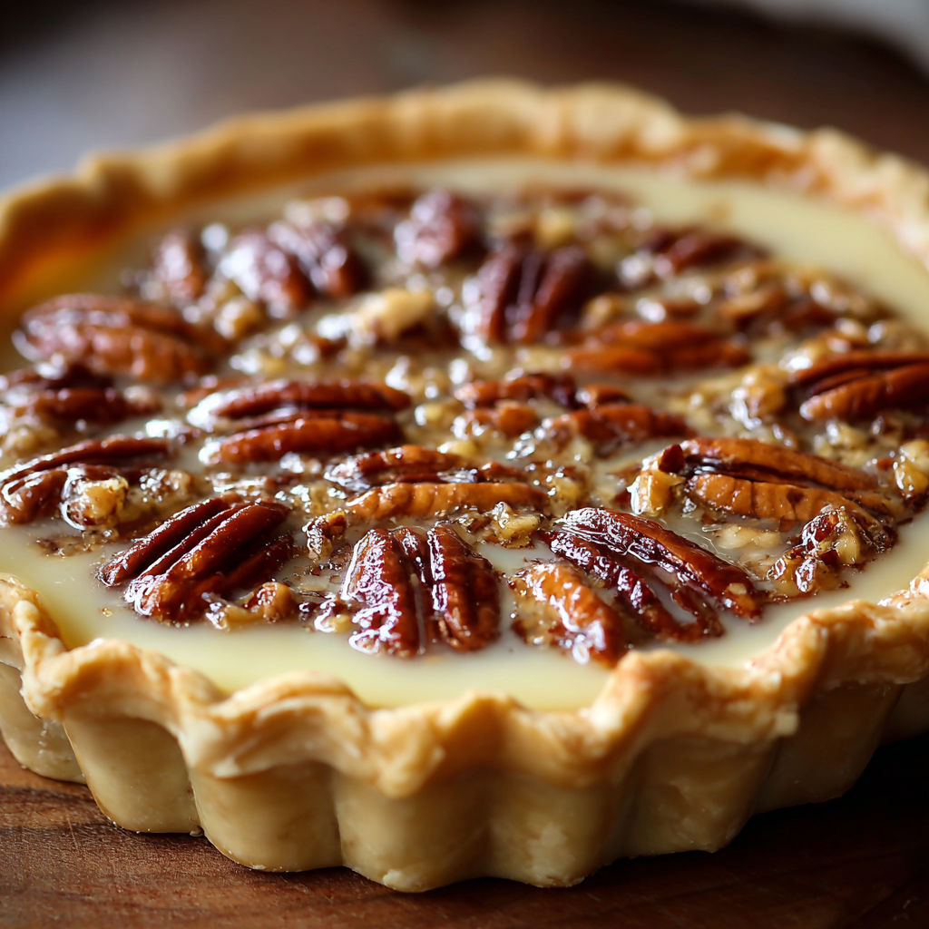 A slice of pecan pie with a generous amount of condensed milk on top.