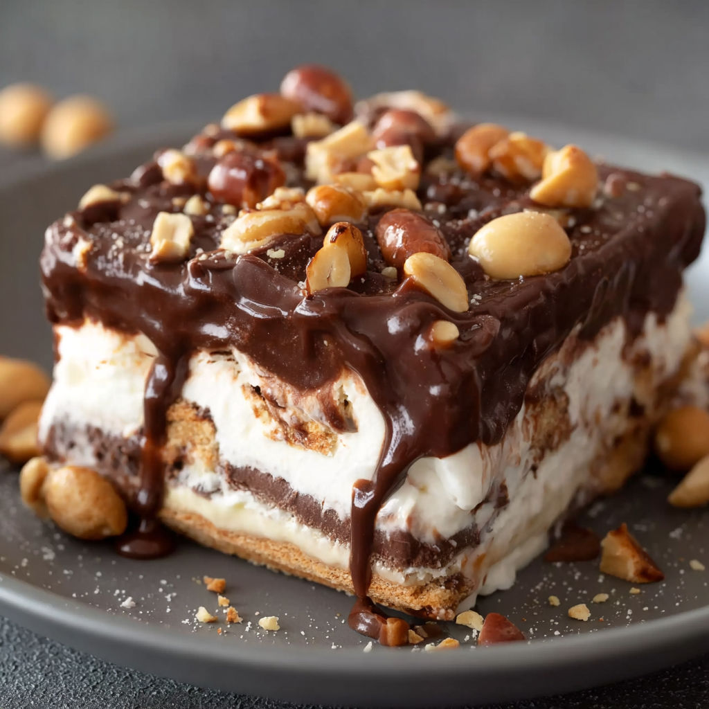 A slice of chocolate cake with nuts and chocolate drizzled on top.