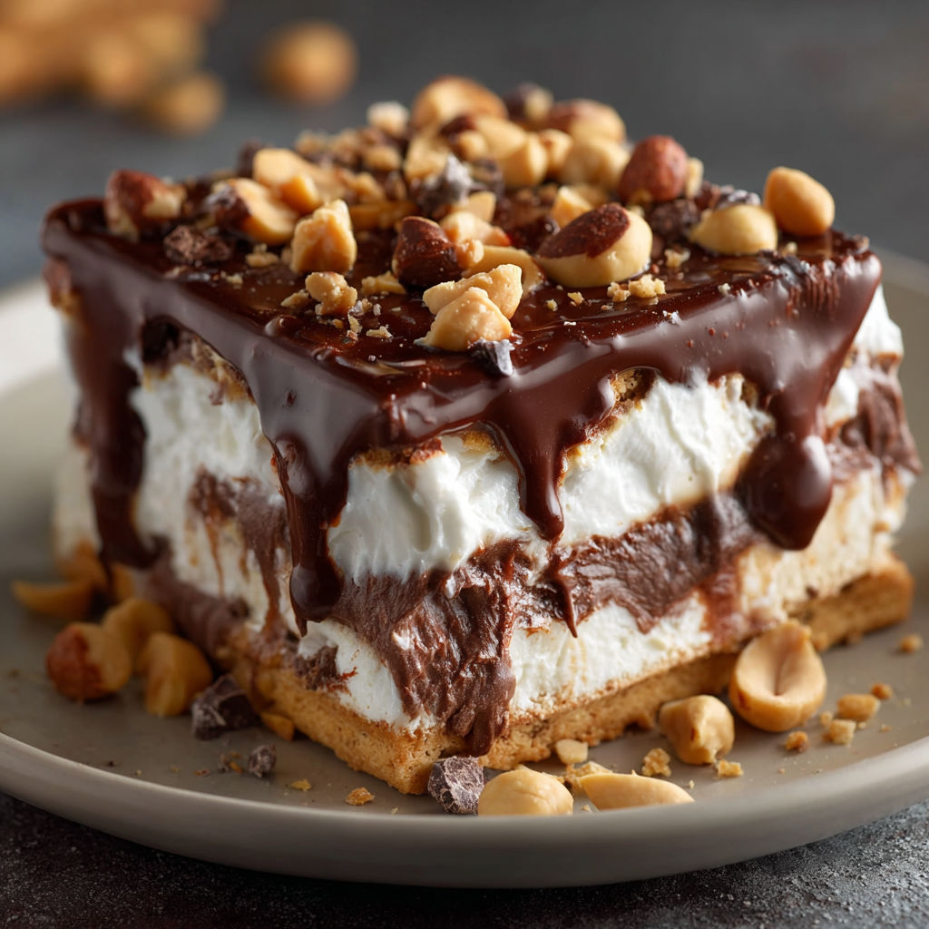 A slice of chocolate and peanut butter cake with chocolate drizzle on a plate.
