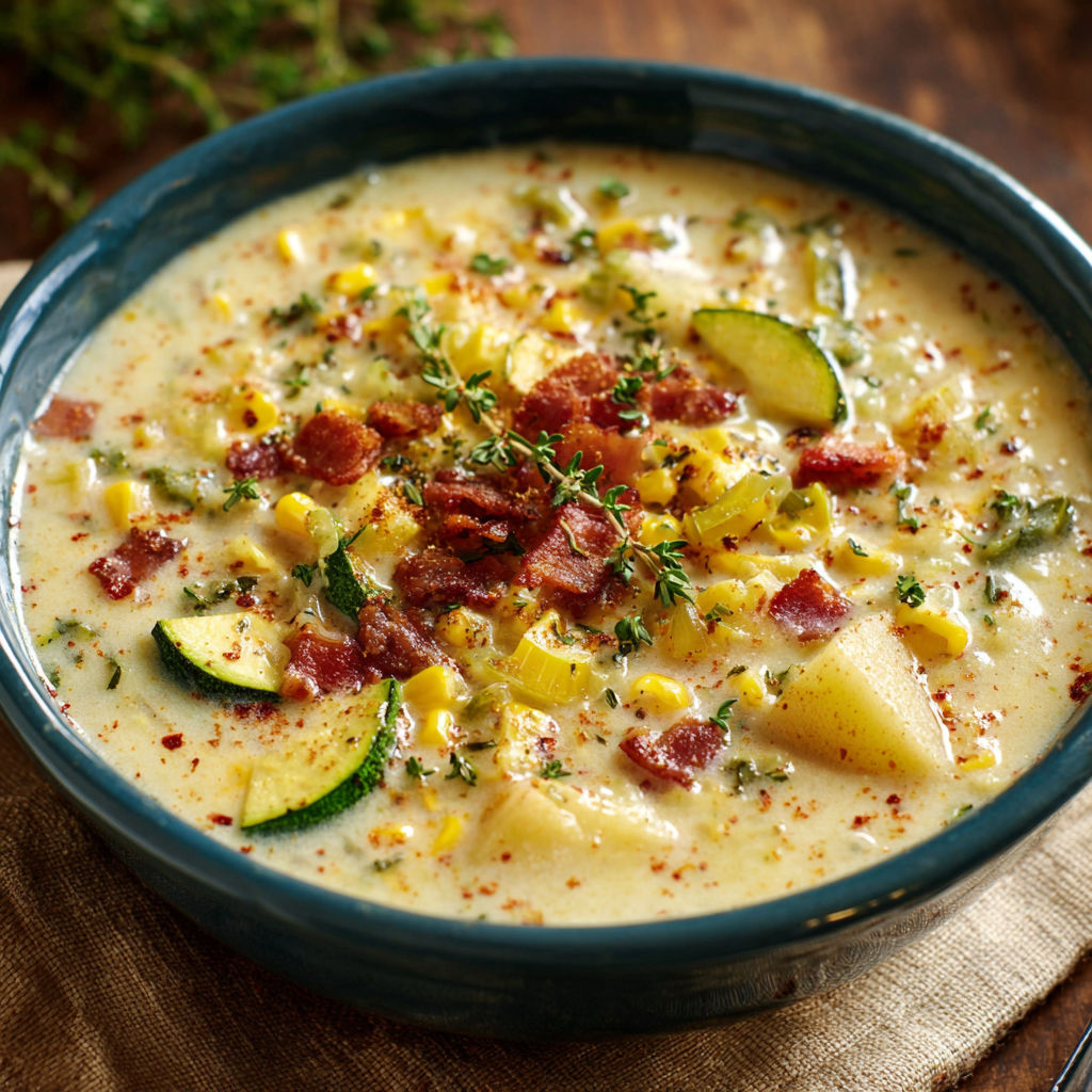 A bowl of soup with a variety of vegetables, including corn, zucchini, and potatoes, as well as bacon and herbs.