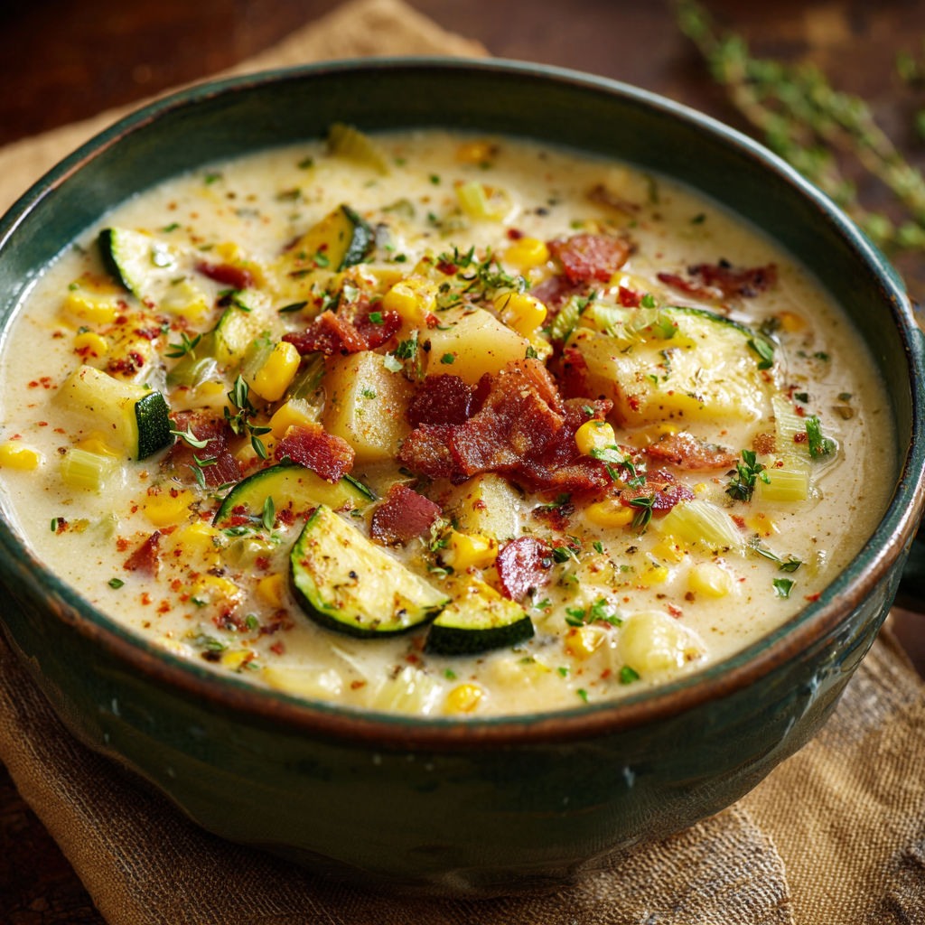 A bowl of soup with a variety of vegetables, including corn, zucchini, and bacon, is served in a green bowl.