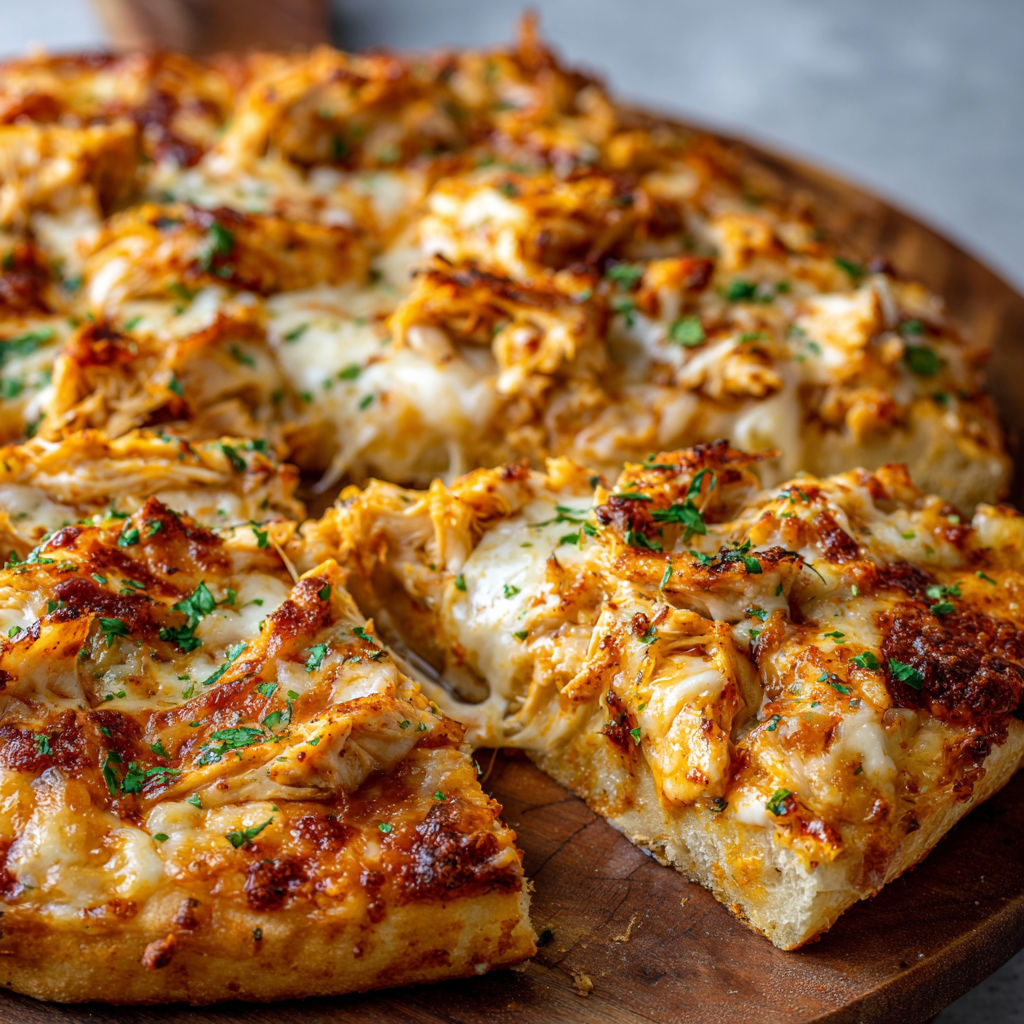 A slice of Buffalo Chicken Pizza on a wooden board.