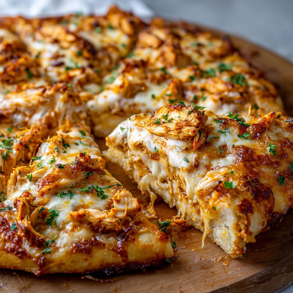 A slice of Buffalo Chicken Pizza on a wooden cutting board.