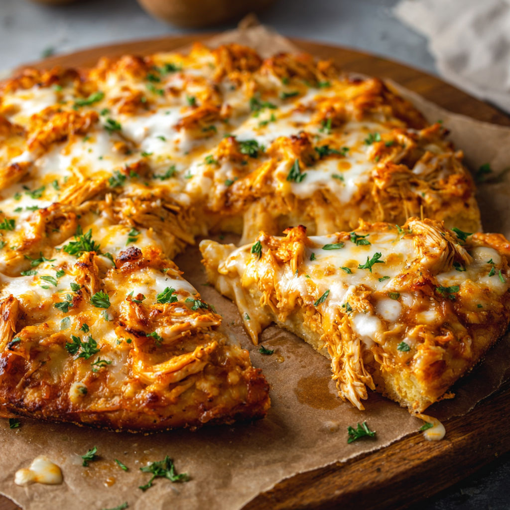 A slice of Buffalo Chicken Pizza is served on a wooden board.