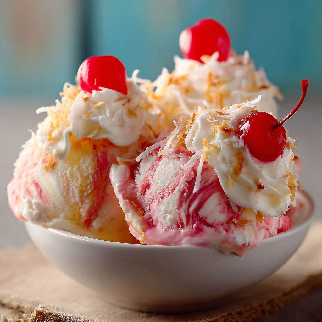 A bowl of delicious Bahama Mama ice cream with cherries on top.