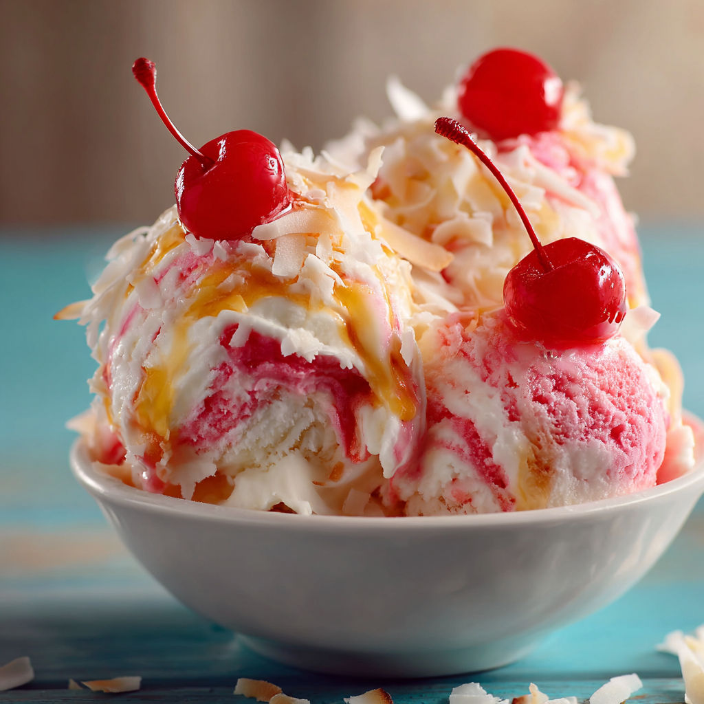 A bowl of delicious Bahama Mama ice cream with cherries on top.