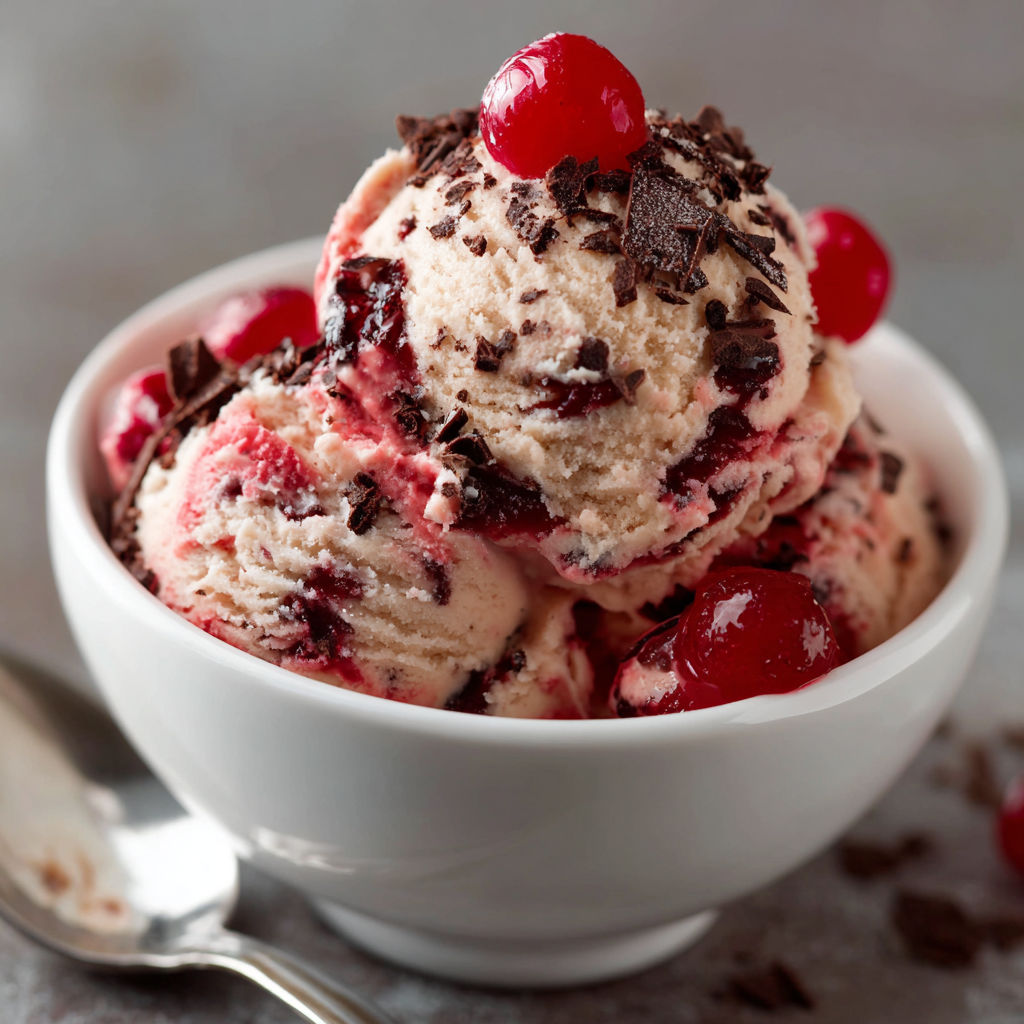A bowl of chocolate ice cream with cherries on top.