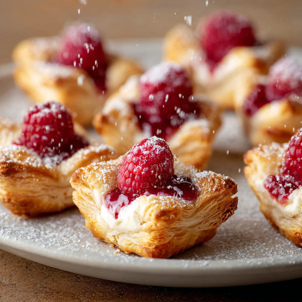 A plate of Raspberry Cream Cheese Bites with powdered sugar on top.