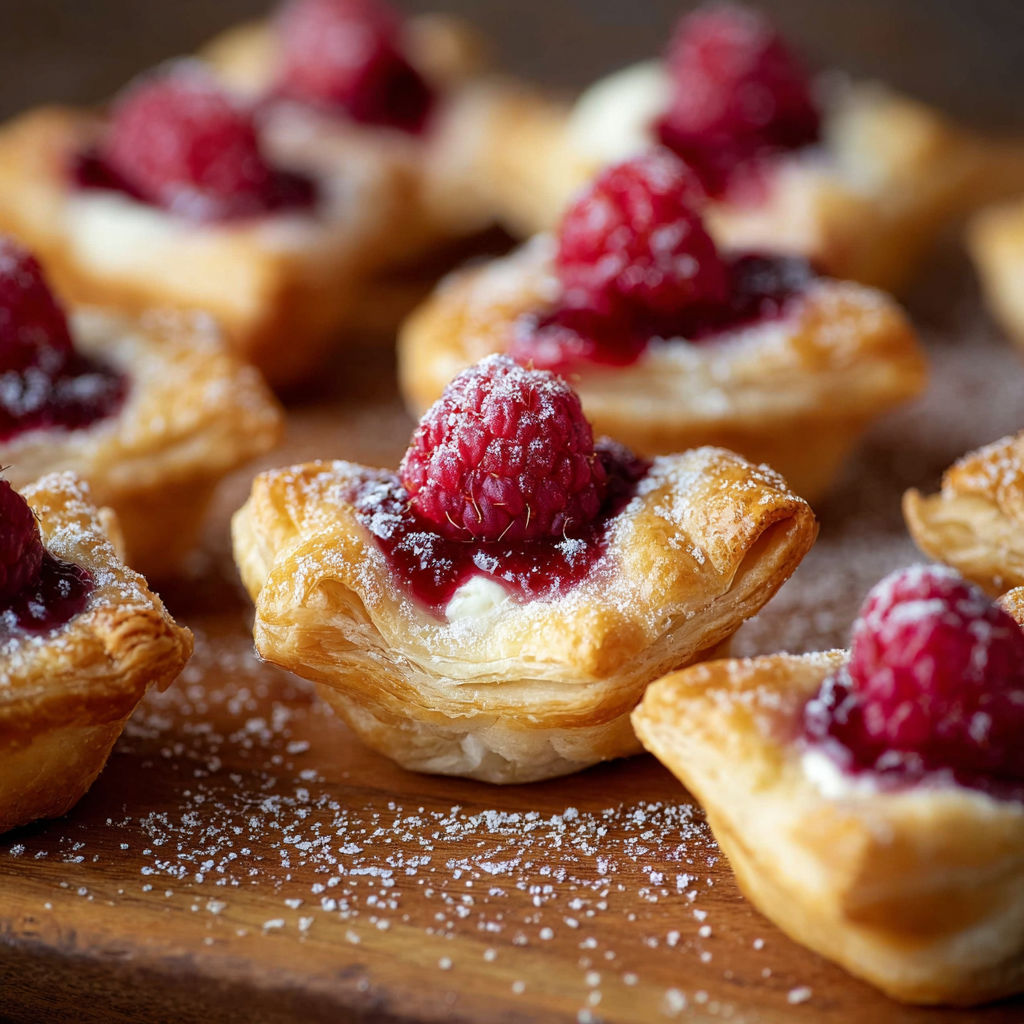 A plate of pastry cups filled with raspberry jam and powdered sugar.