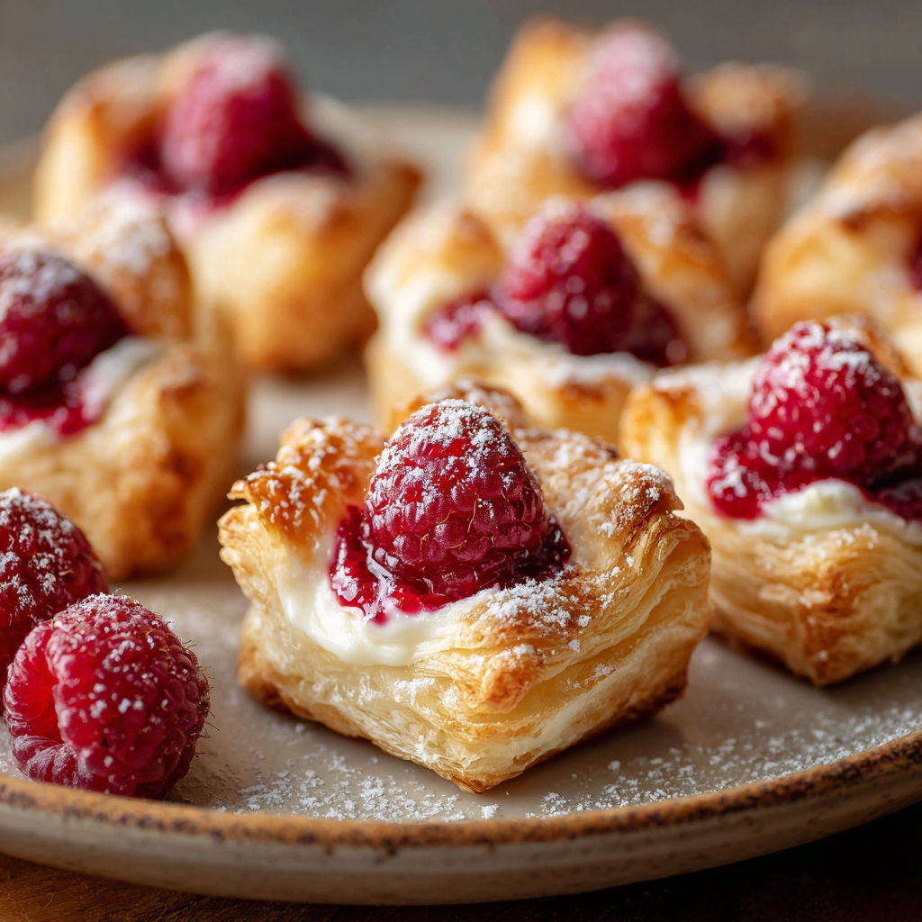 A plate of raspberry-filled pastries with powdered sugar on top.