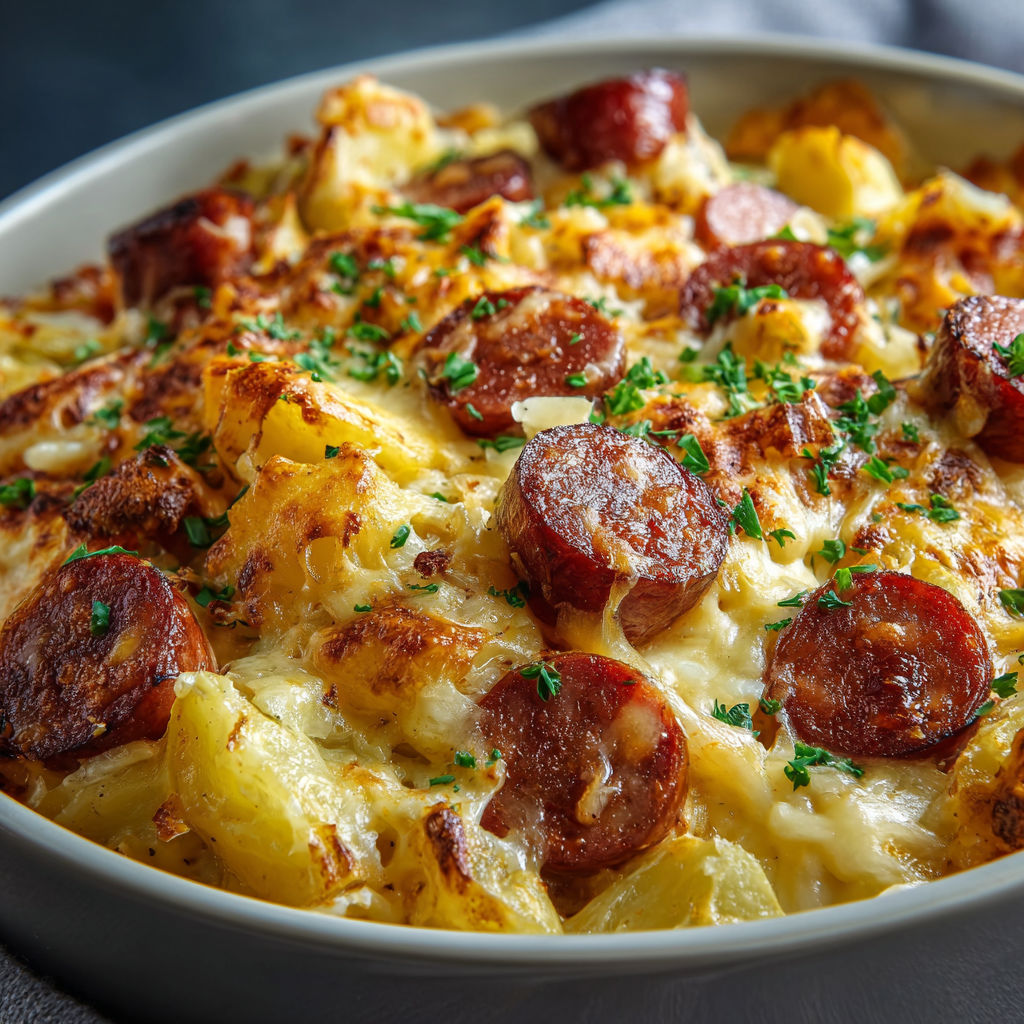 A bowl of pasta with sausage and potatoes, topped with cheese.
