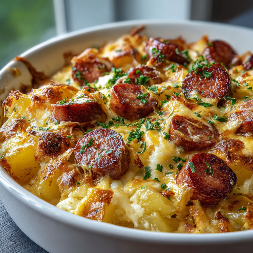 A delicious looking dish of sausage and potatoes in a white bowl.