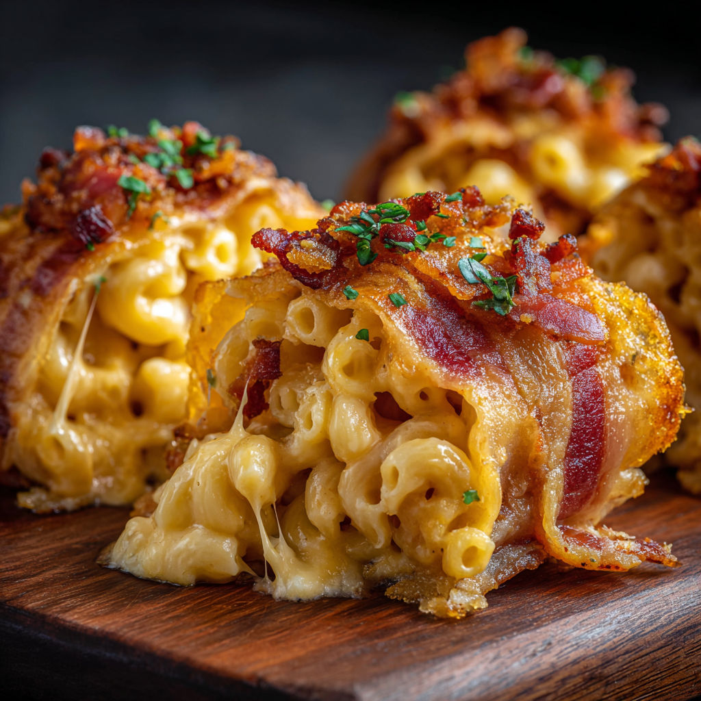 A close up of a delicious mac and cheese bacon roll.