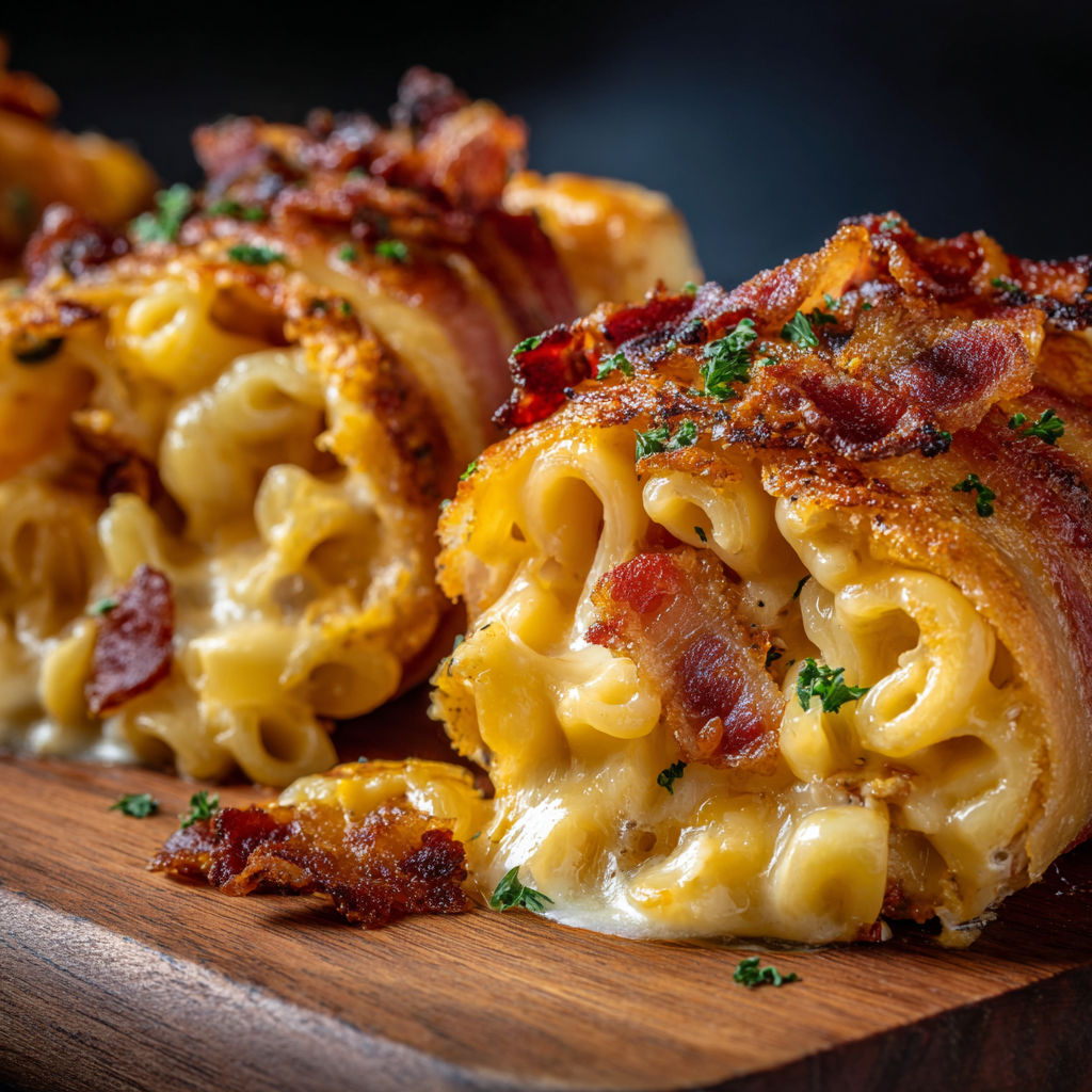 A delicious bacon and macaroni casserole is served on a wooden platter.
