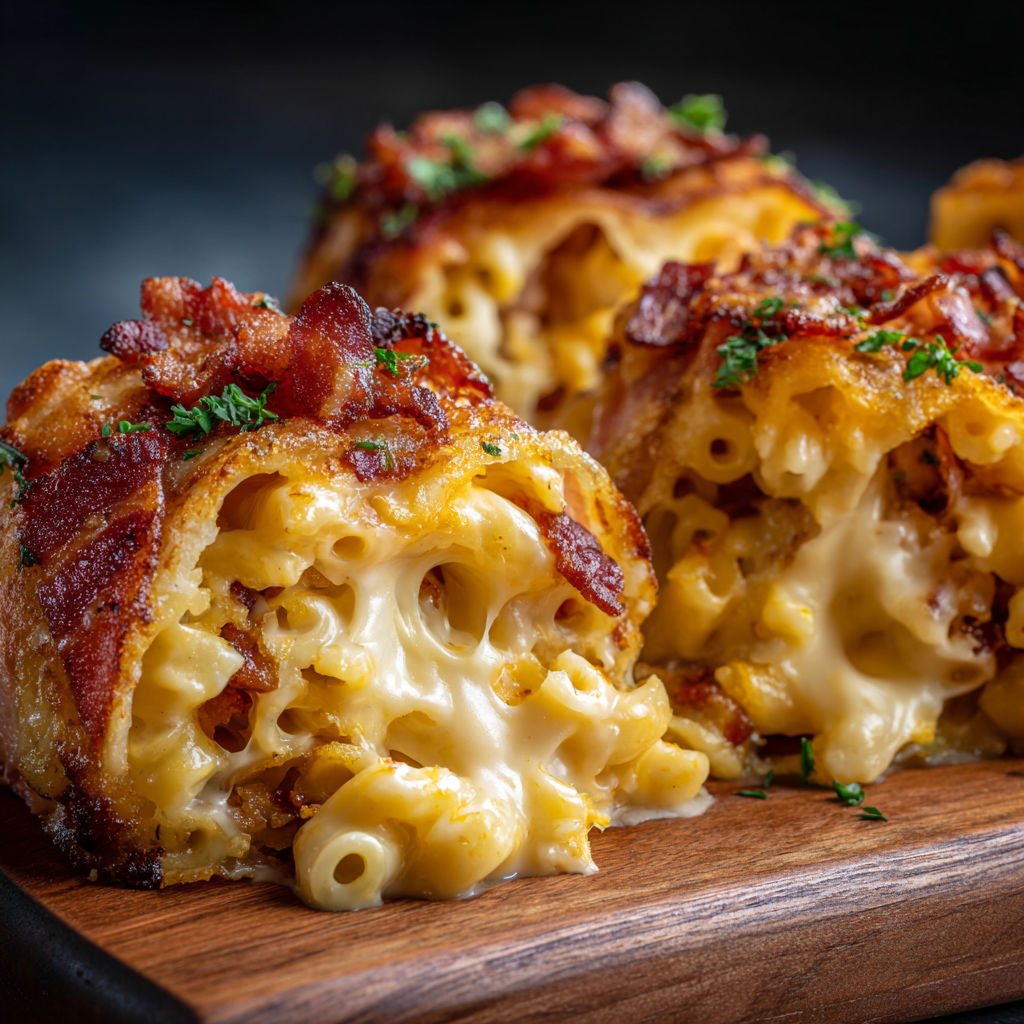 A delicious bacon and cheese casserole is served on a wooden platter.