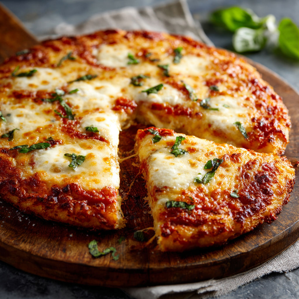A slice of Four Cheese Margherita Pizza on a wooden board.