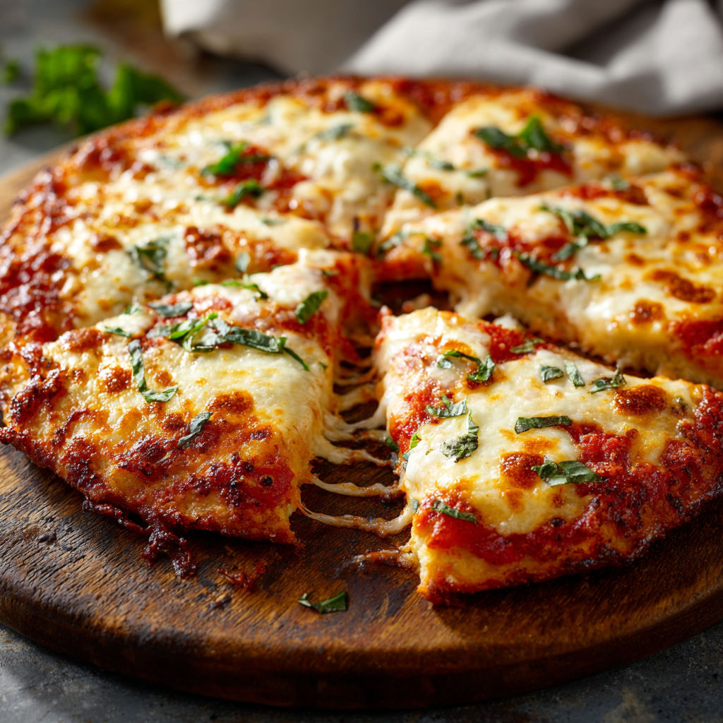 A pizza with cheese and herbs on a wooden board.