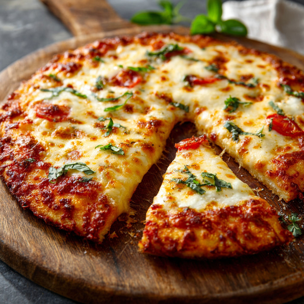 A slice of pizza with cheese and tomatoes on a wooden cutting board.