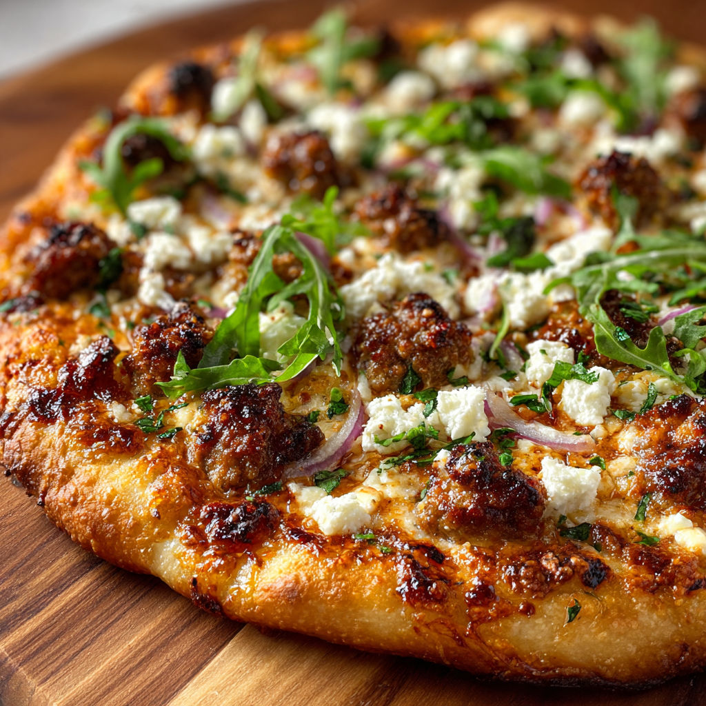 A pizza with meat and cheese toppings is displayed on a wooden cutting board.