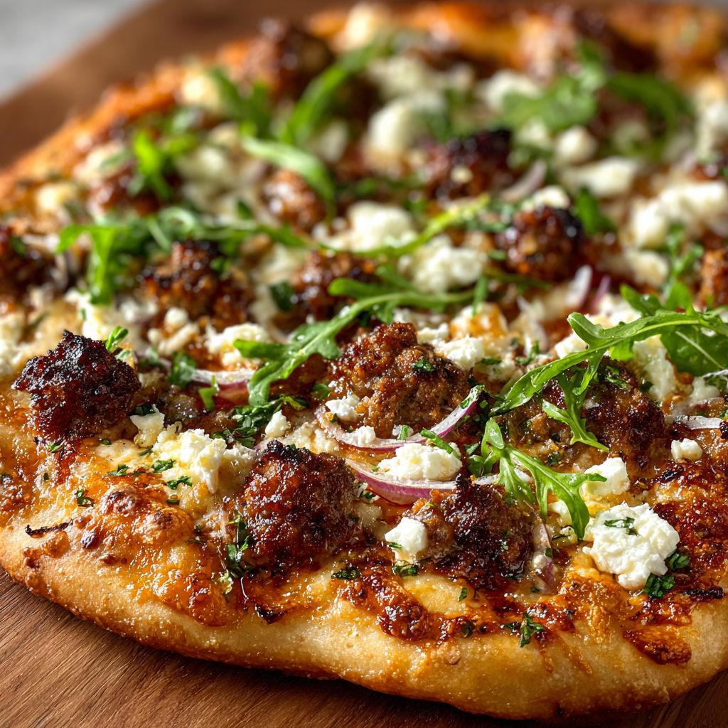 A pizza with meat and cheese toppings sits on a wooden cutting board.