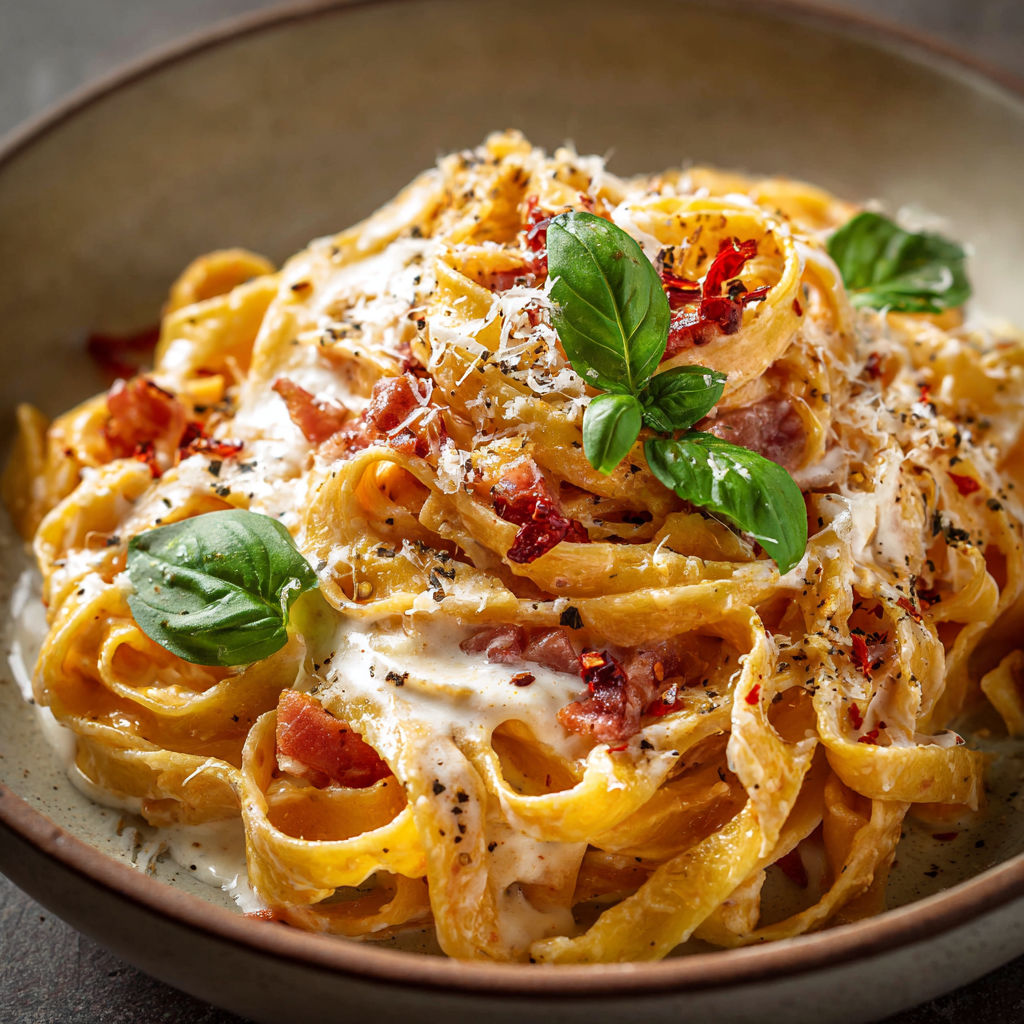 A bowl of pasta with pancetta, basil, and mozzarella cheese.